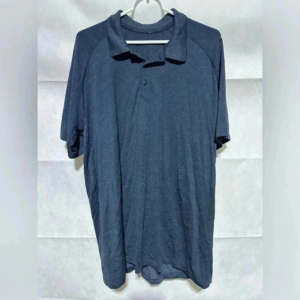 Lululemon Men's XXL Live In Practice Golf Polo Navy Blue Short Sleeve Shirt EUC!